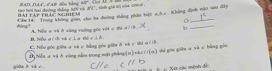 BAD,DAA', A'AB đều bằng 60°. Gọi M, N lan luợt
tạo bởi hai đường thắng MN và B'C , tính giá trị của cosα .
Câu 14: Trong không gian, cho ba đường thắng phân biệt a, b, c. Khẳng định nào sau đây
bải tập trác nghiệm
dúng? a//b
A. Nếu a và b cùng vuông góc với c thì
_
B. Nếu a//b và c⊥a thì c⊥ b.
C. Nếu góc giữa a và c bằng góc giữa b và c thì a//b.
D. Nếu a và b cùng nằm trong mặt phẳng(α) vàc//(α) thì góc giữa a và c bằng góc
giữa b và c.
T hác Xét các mệnh đề: