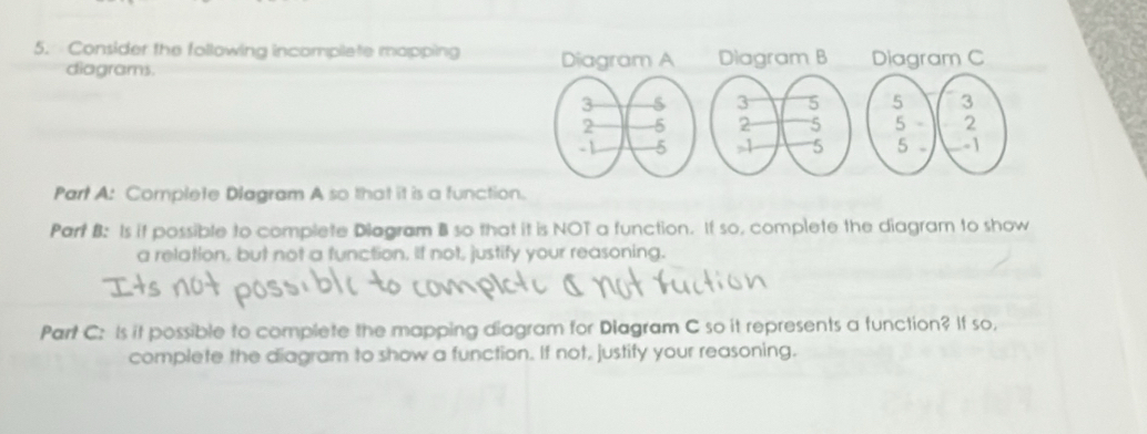 Consider the following incomplete mapping Diagram A Diagram B Diagram C 
diagrams.
3 5 5 3
2 5 5 2
-1 5 5 , - 
Part A: Complete Dlagram A so that it is a function. 
Part B: Is it possible to complete Diagram B so that it is NOT a function. If so, complete the diagram to show 
a relation, but not a function. If not, justify your reasoning. 
Part C: Is it possible to complete the mapping diagram for Diagram C so it represents a function? If so, 
complete the diagram to show a function. If not, justify your reasoning.