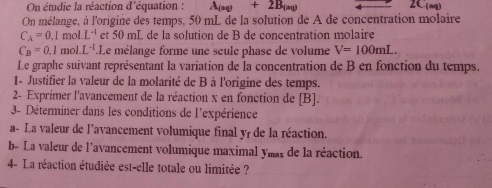 On étudie la réaction d'équation : A_(aq)+2B_(aq) 2C(aq)
On mélange, à l'origine des temps, 50 mL de la solution de A de concentration molaire
C_A=0,1mol.L^(-1) et 50 mL de la solution de B de concentration molaire
C_B=0.1mol.L^(-1).Le mélange forme une seule phase de volume V=100mL. 
Le graphe suivant représentant la variation de la concentration de B en fonction du temps. 
1- Justifier la valeur de la molarité de B à l'origine des temps. 
2- Exprimer l'avancement de la réaction x en fonction de [ B ]. 
3- Déterminer dans les conditions de l'expérience 
a- La valeur de l'avancement volumique final y, de la réaction. 
b- La valeur de l'avancement volumique maximal ymx de la réaction. 
4- La réaction étudiée est-elle totale ou limitée ?