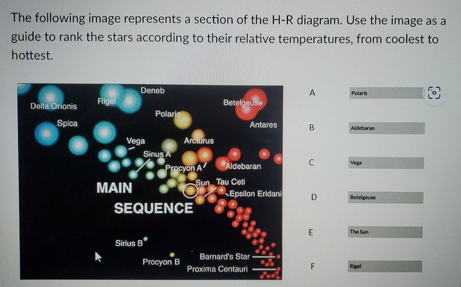 The following image represents a section of the H-R diagram. Use the image as a 
guide to rank the stars according to their relative temperatures, from coolest to 
hottest. 
A 
Deneb Polarls 
Delta Orionis Rigel 
Betelgeuse 
Polari 
Spica Antares B Aldebaran 
Vega Arclurus 
Sinus A 
Procyon A Aldebaran 
C 
Vega 
MAIN 
Sun Tau Ceti 
*Epsilon Eridani D Betelgeuse 
SEQUENCE 
E 
The Sun 
Sirius B^*
Procyon B Barnard's Star 
F 
Proxima Centauri Rigel