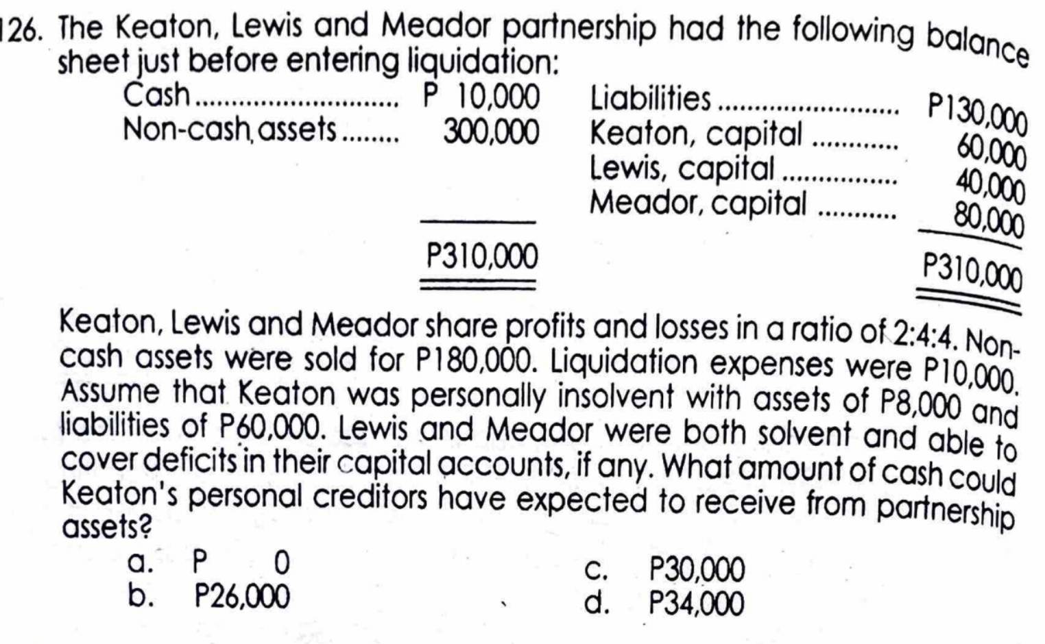 The Keaton, Lewis and Meador partnership had the following balance
sheet just before entering liquidation:
Cash _ P 10,000 Liabilities_
P130,000
Non-cash assets_ 300,000 Keaton, capital_
60,000
Lewis, capital_
40,000
Meador, capital_
80,000
P310,000
P310,000
Keaton, Lewis and Meador share profits and losses in a ratio of 2:4:4. Non-
cash assets were sold for P180,000. Liquidation expenses were P10,000.
Assume that Keaton was personally insolvent with assets of P8,000 and
liabilities of P60,000. Lewis and Meador were both solvent and able to
cover deficits in their capital accounts, if any. What amount of cash could
Keaton's personal creditors have expected to receive from partnership
assets?
a. P 0 c. P30,000
b. P26,000 d. P34,000