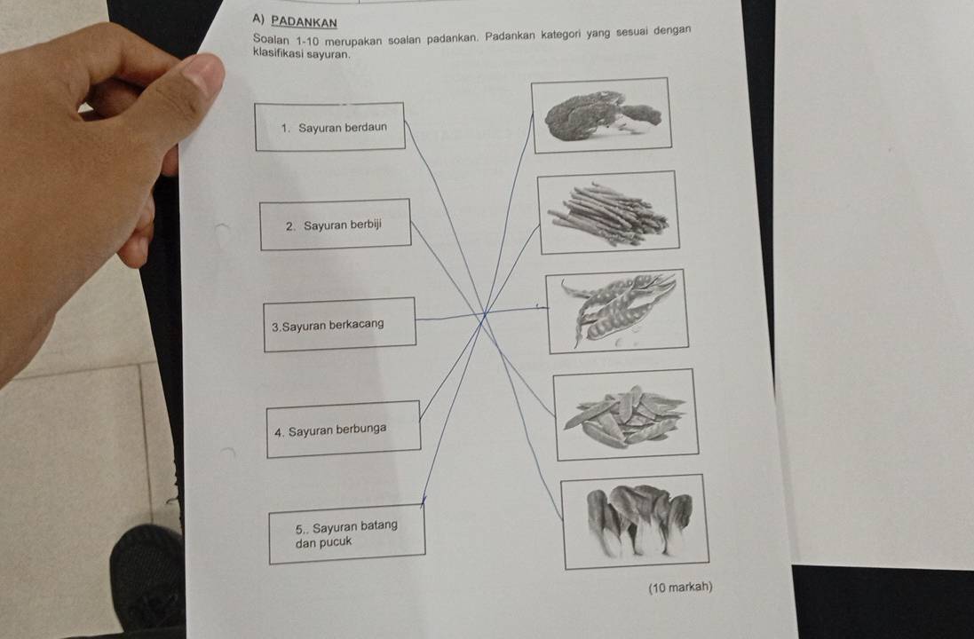 PADanKaN 
Soalan 1-10 merupakan soalan padankan. Padankan kategori yang sesuai dengan 
klasifikasi sayuran. 
1. Sayuran berdaun 
2. Sayuran berbiji 
3.Sayuran berkacang 
4. Sayuran berbunga 
5.. Sayuran batang 
dan pucuk 
(10 markah)