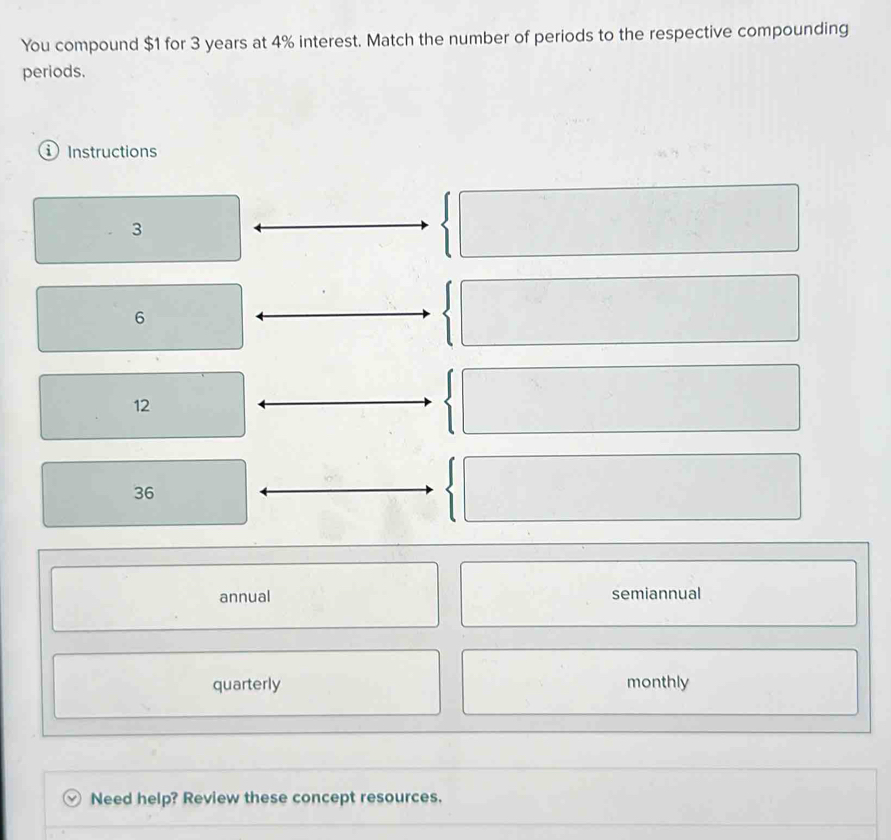 You compound $1 for 3 years at 4% interest. Match the number of periods to the respective compounding
periods.
① Instructions
3
6
12
36
annual semiannual
quarterly monthly
Need help? Review these concept resources.