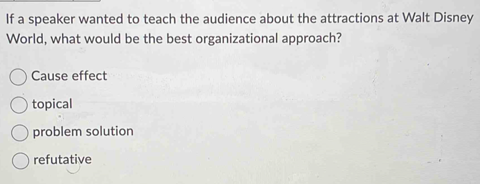 If a speaker wanted to teach the audience about the attractions at Walt Disney
World, what would be the best organizational approach?
Cause effect
topical
problem solution
refutative