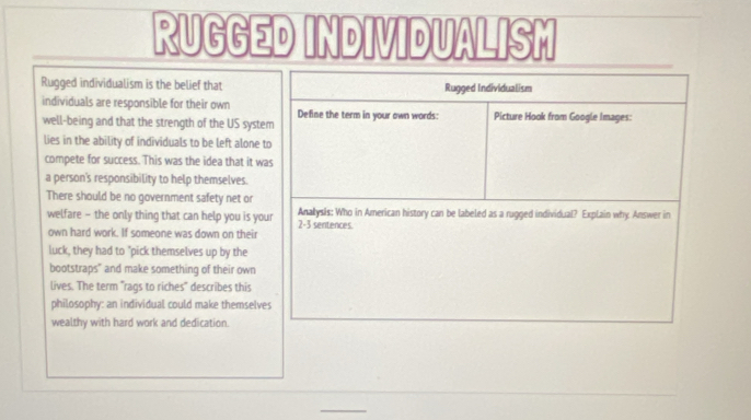 RUGGED INDIVIDUALISM 
Rugged individualism is the belief that Rugged Individualism 
individuals are responsible for their own Define the term in your own words: Picture Hook from Google Images: 
well-being and that the strength of the US system 
lies in the ability of individuals to be left alone to 
compete for success. This was the idea that it was 
a person's responsibility to help themselves. 
There should be no government safety net or 
welfare - the only thing that can help you is your 2-3 sentences. Anaysis: Who in American history can be labeled as a rugged individual? Explain why Answer in 
own hard work. If someone was down on their 
luck, they had to "pick themselves up by the 
bootstraps" and make something of their own 
lives. The term "rags to riches" describes this 
philosophy: an individual could make themselves 
wealthy with hard work and dedication. 
_