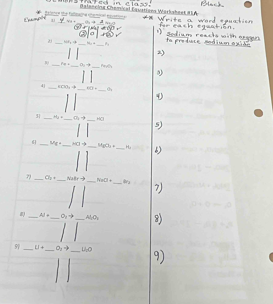 Balancing Chemical Equations Worksheet #1 
Balance the following chemical equations: 
Examp 1) _ Na+ _  Oz
2) _ NF_3to _  N_2+ _  F_2
3) _ Fe+ _  O_2 to _  Fe_2O_3
_ 
4)_ 
_ O_2
□ 
5) H_2+
6)
H_2
7) _ beginarrayl - 1/2  <-□ ___________ 
8) _ 1+ _ 
□  
9) _ Lj+ _  O_2 to _ Li_2O
□ |