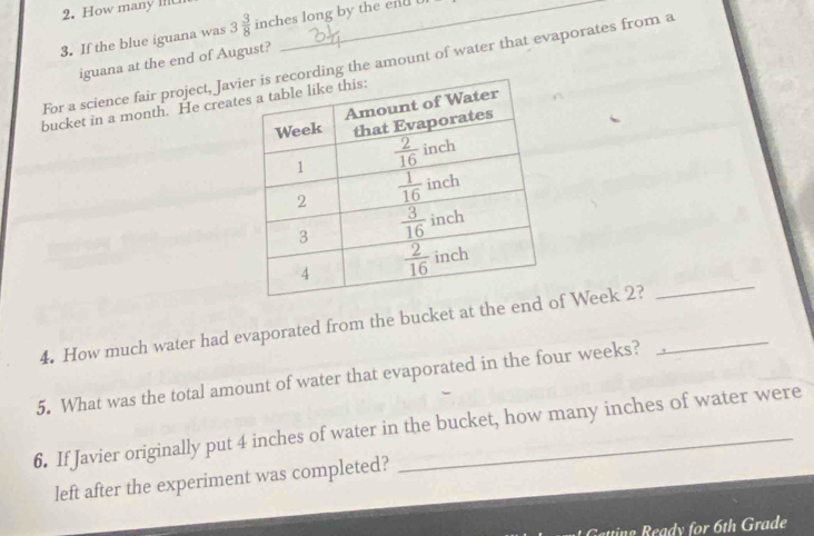 How many I!lU
3. If the blue iguana was 3 3/8  inches long by the end 
iguana at the end of August?
For a science fair project, Javrding the amount of water that evaporates from a
bucket in a month. He creat
_
4. How much water had evaporated from the bucket at the f Week 2?_
5. What was the total amount of water that evaporated in the four weeks?
6. If Javier originally put 4 inches of water in the bucket, how many inches of water were
left after the experiment was completed?
Gatting Ready for 6th Grade