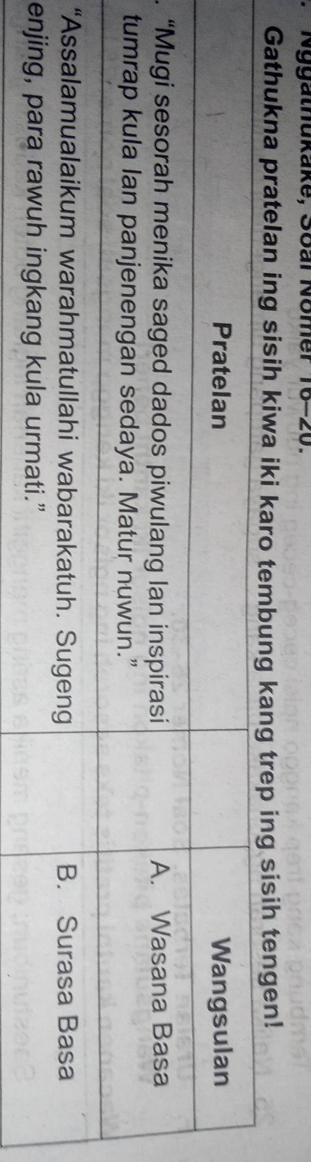 Nygathukake, Soal Nomer 16-20. 
Gathukna pratelan ing sisih kiwa iki kaing sisih tengen! 
“ 
e