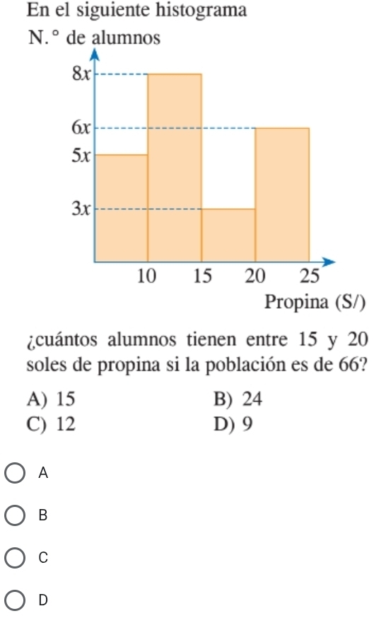 En el siguiente histograma
V.^circ  de alumnos
8x
6x
5x
3x
10 15 20 25
Propina (S/)
¿cuántos alumnos tienen entre 15 y 20
soles de propina si la población es de 66?
A) 15 B) 24
C) 12 D) 9
A
B
C
D