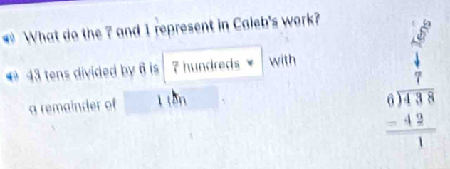 What do the ? and 1 represent in Caleb's work?
43 tens divided by 6 is ? hundreds with 
a remainder of 1 ten
beginarrayr frac (x 4)^(frac 7)38 0encloselongdiv 433 hline 1endarray