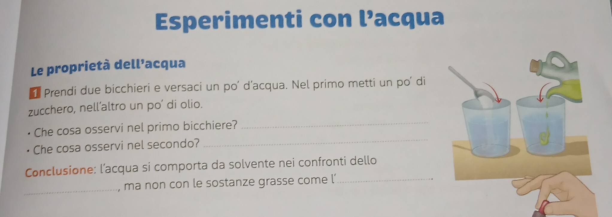 Esperimenti con l’acqua 
Le proprietà dell’acqua 
1 Prendi due bicchieri e versaci un po’ d’acqua. Nel primo metti un po’ di 
_ 
zucchero, nell’altro un po’ di olio. 
_ 
Che cosa osservi nel primo bicchiere? 
Che cosa osservi nel secondo? 
Conclusione: l’acqua si comporta da solvente nei confronti dello 
_, ma non con le sostanze grasse come l’_