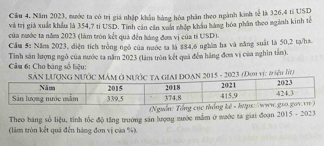 Năm 2023, nước ta có trị giá nhập khẩu hàng hóa phân theo ngành kinh tế là 326, 4 tỉ USD 
và trị giá xuất khẩu là 354, 7 tỉ USD. Tính cán cân xuất nhập khẩu hàng hóa phân theo ngành kinh tế 
của nước ta năm 2023 (làm tròn kết quả đến hàng đơn vị của tỉ USD). 
Cầu 5: Năm 2023, diện tích trồng ngô của nước ta là 884, 6 nghin ha và năng suất là 50, 2 tạ/ha. 
Tinh sản lượng ngô của nước ta năm 2023 (làm tròn kết quả đến hàng đơn vị của nghìn tấn). 
* Câu 6: Cho bảng số liệu: 
015 - 2023 (Đơn vị: triệu lít) 
(Nguồn: Tổn 
Theo bảng số liệu, tỉnh tốc độ tăng trưởng sản lượng nước mắm ở nước ta giai đoạn 2015- 2023 
(làm tròn kết quả đến hàng đơn vị của %).