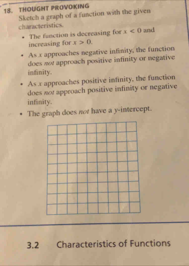 THOUGHT PROVOKING 
Sketch a graph of a function with the given 
characteristics. 
The function is decreasing for x<0</tex> and 
increasing for x>0. 
As x approaches negative infinity, the function 
does not approach positive infinity or negative 
infinity. 
As x approaches positive infinity, the function 
does not approach positive infinity or negative 
infinity. 
The graph does not have a y-intercept. 
3.2 Characteristics of Functions