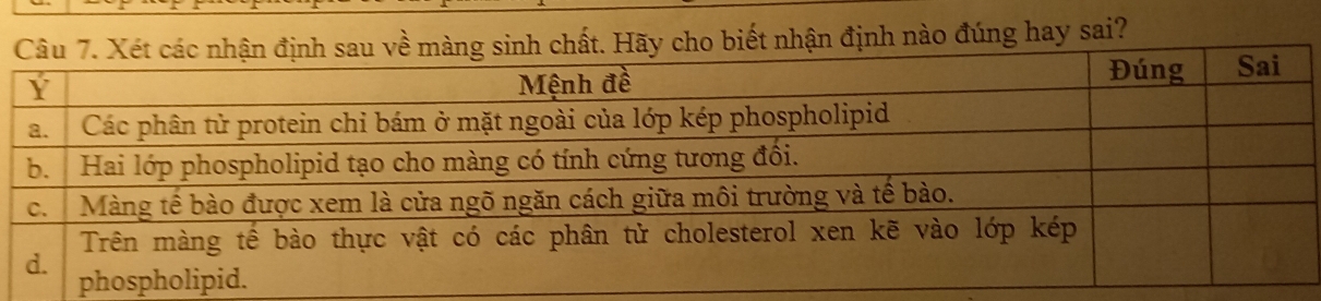 sinh chất. Hãy cho biết nhận định nào đúng hay sai?