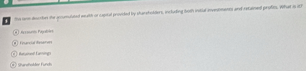 This term describes the accumulated wealth or capital provided by shareholders, including both initial investments and retained profits. What is it?
Accounts Payables
@ Financial Reserves
c Retained Earnings
D) Shareholder Funds