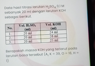 Data hasil titrasi larutan H_2SO_4O ,1 M
sebanyak 20 ml dengan larutan KOH
sebagai berikut.
Berapakah massa KOH yang teriarut pad
larutan basa tersebut (A,K=39,O=16,H=
1)