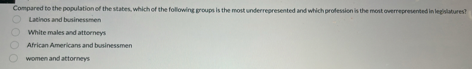 Compared to the population of the states, which of the following groups is the most underrepresented and which profession is the most overrepresented in legislatures?
Latinos and businessmen
White males and attorneys
African Americans and businessmen
women and attorneys