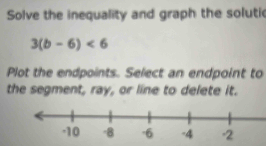 Solve the inequality and graph the solutic
3(b-6)<6</tex> 
Plot the endpoints. Select an endpoint to 
the segment, ray, or line to delete it.