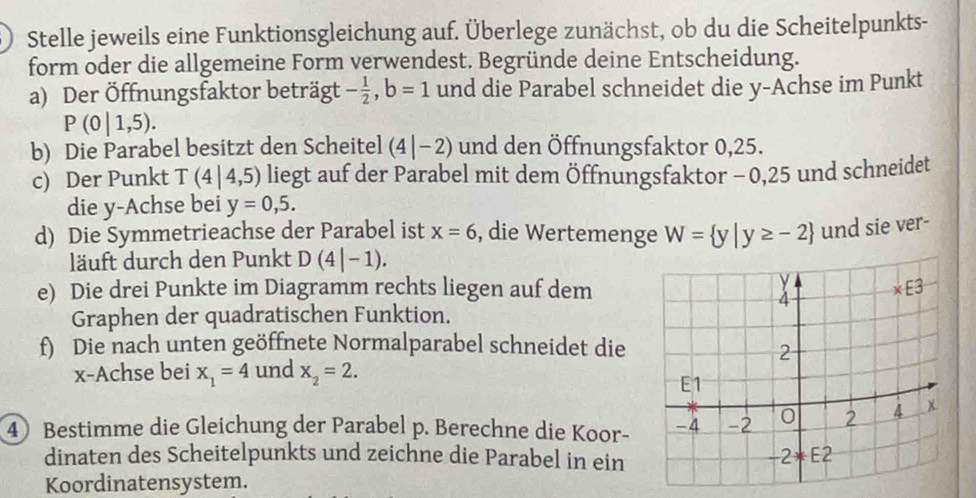 Stelle jeweils eine Funktionsgleichung auf. Überlege zunächst, ob du die Scheitelpunkts-
form oder die allgemeine Form verwendest. Begründe deine Entscheidung.
a) Der Öffnungsfaktor beträgt - 1/2 ,b=1 und die Parabel schneidet die y-Achse im Punkt
P(0|1,5).
b) Die Parabel besitzt den Scheitel (4|-2) und den Öffnungsfaktor 0,25.
c) Der Punkt T(4|4,5) liegt auf der Parabel mit dem Öffnungsfaktor − 0,25 und schneidet
die y-Achse bei y=0,5.
d) Die Symmetrieachse der Parabel ist x=6 , die Wertemenge W= y|y≥ -2 und sie ver-
läuft durch den Punkt D(4|-1).
e) Die drei Punkte im Diagramm rechts liegen auf dem
Graphen der quadratischen Funktion.
f) Die nach unten geöffnete Normalparabel schneidet die
x-Achse bei x_1=4 und x_2=2.
④ Bestimme die Gleichung der Parabel p. Berechne die Koor- 
dinaten des Scheitelpunkts und zeichne die Parabel in ein
Koordinatensystem.