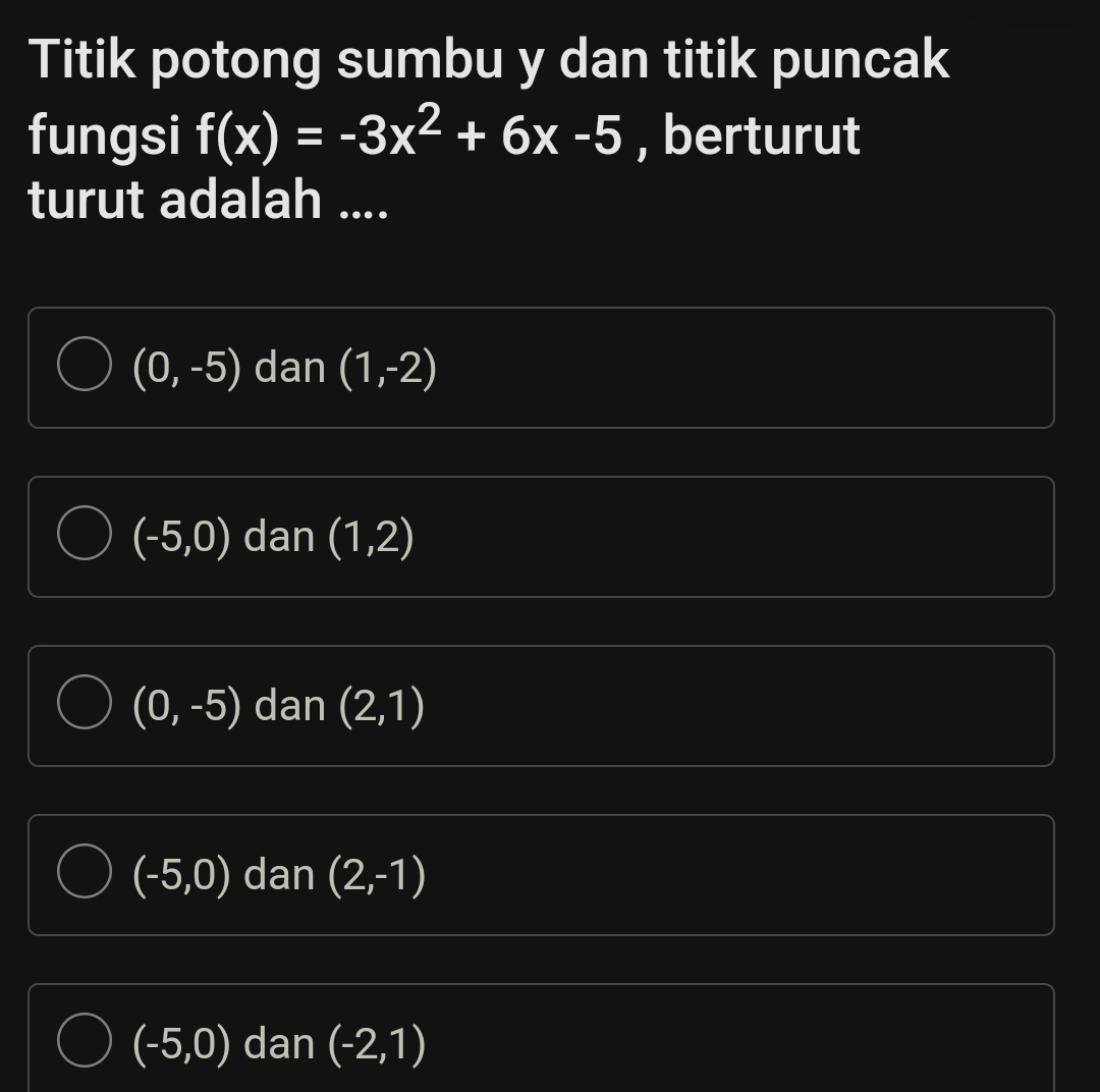 Titik potong sumbu y dan titik puncak
fungsi f(x)=-3x^2+6x-5 , berturut
turut adalah ....
(0,-5) dan (1,-2)
(-5,0) dan (1,2)
(0,-5) dan (2,1)
(-5,0) dan (2,-1)
(-5,0) dan (-2,1)