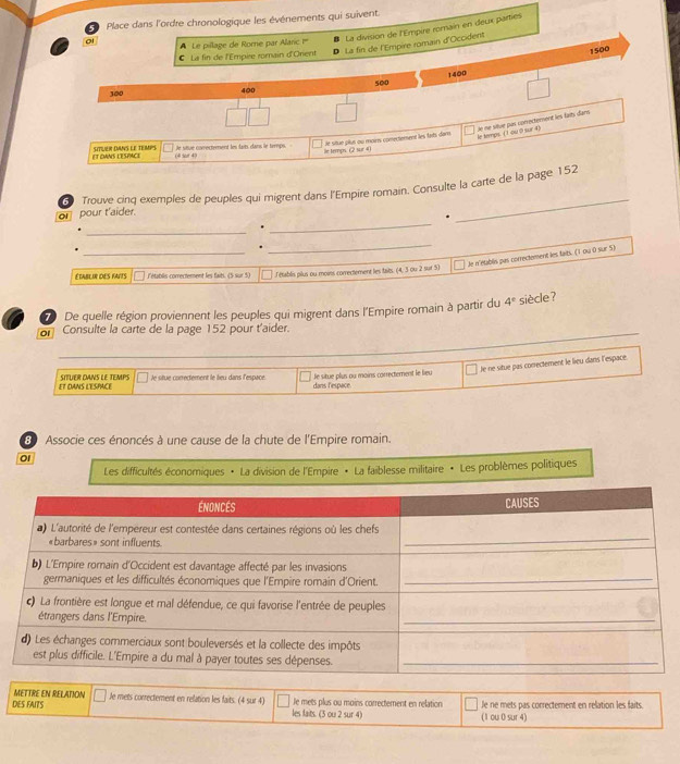 Place dans l'ordre chronologique les événements qui suivent.
Le pillage de Rome par Alaric I''' La division de l'Empire romain en deux parties
La fin de l'Empire romain d'Occident
C La fin de l'Empire romain d'Orent
1500
1400
300 400 500
le temps. (1 ou 0sur 4) Je ne situe pas conectement les faits dans
ET EANS LESPACE SITUER DANS LE TEMPS le situe conectvment les laits dans le temps. le situe pllut au mairs comertement les lats dens
le temps. (2 sur 40
(4 sor 4)
or pour t aider.  Trouve cinq exemples de peuples qui migrent dans l'Empire romain. Consulte la carte de la page 152
.
_
.
_
_
.
_
le n'établis pas correctement les faits. (1 ou 0 sur 5)
Établir des faits  Cétabls comrectement les fait. (5 sur 5) J'établis plus ou moins correctement les taits. (4, 3 ou 2 sur 5)
De quelle région proviennent les peuples qui migrent dans l'Empire romain à partir du 4° siècle?
of  Consulte la carte de la page 152 pour t'aider.
Je ne situe pas conectement le lieu dans l'espace.
ET DANS LESPACE SITUER CANS LE TEMPS le situe correctement le beu dans l'espace. dans l'espace. le situe plus ou mains correctement le lieu
6 Associe ces énoncés à une cause de la chute de l'Empire romain.
01
Les difficultés économiques « La division de l'Empire « La faiblesse militaire « Les problèmes politiques
METTRE EN RELATION
DES FAITS le mets correctement en relation les faits. (4 sur 4) Je mets plus ou moins correctement en relation le ne mets pas correctement en relation les faits.
les faits. (3 ou 2 sur 4) (1 ou 0 sur 4)