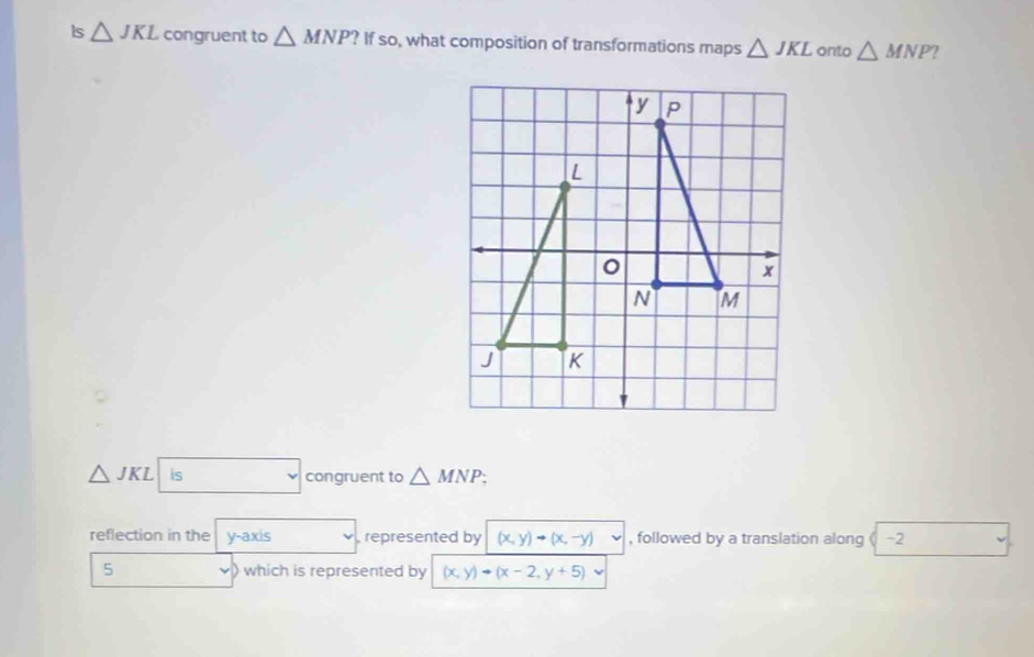 ls △ JKL congruent to △ MNP? If so, what composition of transformations maps △ JKL onto △ MNP
△ JKL is _  congruent to △ MNP; 
reflection in the y -2* 7 ς represented by (x,y)to (x,-y) , followed by a translation along -2
5 which is represented by (x,y)to (x-2,y+5)