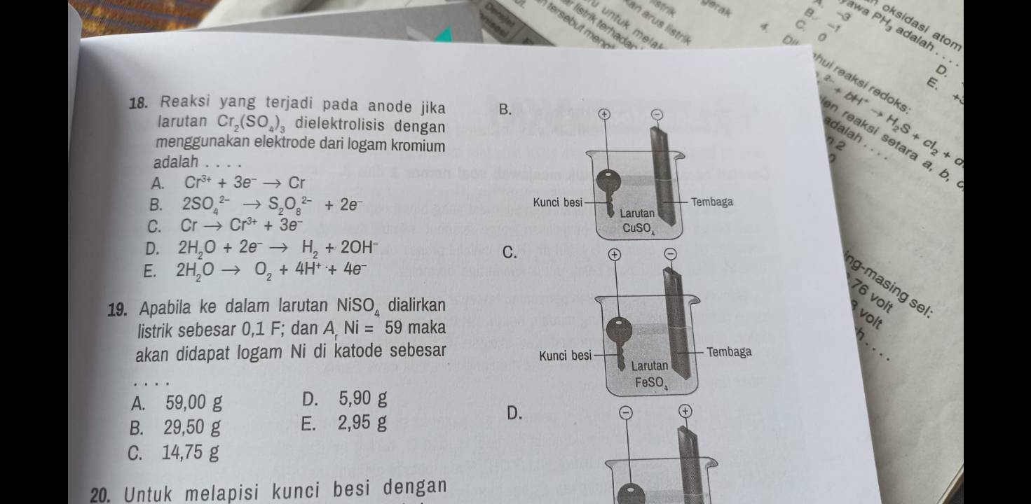 vstrik
A. -3
Derak B. -1
Opente  
kan arus listril
awa PH₃ adalah
r listrik terhadar
tersebut meno 
u untuk melak
oksidasi aton
C. 
D hui reaksi redok X^(2-)+bH^+to H_2S+Cl_2+d n 2
D.
E.
×
18. Reaksi yang terjadi pada anode jika B.
larutan Cr_2(SO_4)_3 dielektrolisis dengan
dalah .
n reaksi setara a, b,
menggunakan elektrode dari logam kromium
adalah . _
A. Cr^(3+)+3e^-to Cr
B. 2SO_4^((2-)to S_2)O_8^((2-)+2e^-)
C. Crto Cr^(3+)+3e^-
D. 2H_2O+2e^-to H_2+2OH^- C.
E. 2H_2Oto O_2+4H^++4e^-
g-masing sel  volt
76 vol
19. Apabila ke dalam larutan NiSO_4 dialirkan
listrik sebesar 0,1 F; dan A Ni=59 maka
_
akan didapat logam Ni di katode sebesar 
_
A. 59,00 g D. 5,90 g
B. 29,50 g E. 2,95 g
D.
C. 14,75 g
20. Untuk melapisi kunci besi dengan