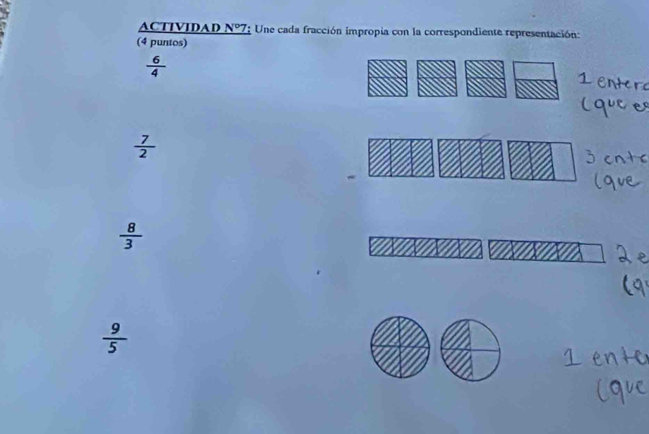 ACTIVIDAD N°7 Une cada fracción impropia con la correspondiente representación:
(4 puntos)
 6/4 
 7/2 
 8/3 
 9/5 