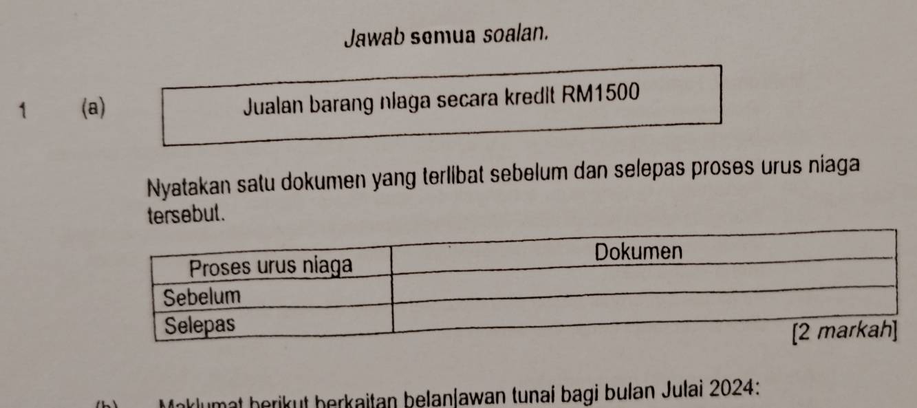 Jawab semua soalan. 
1 (a) Jualan barang nlaga secara kredit RM1500
Nyatakan satu dokumen yang terlibat sebelum dan selepas proses urus niaga 
tersebul. 
Maklumat berikut berkaitan belanjawan tunaí bagi bulan Julai 2024 :