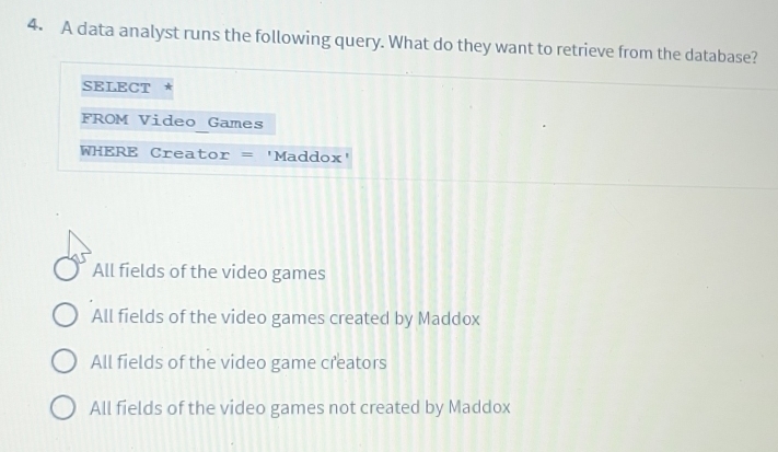 Solved: A data analyst runs the following query. What do they want to ...