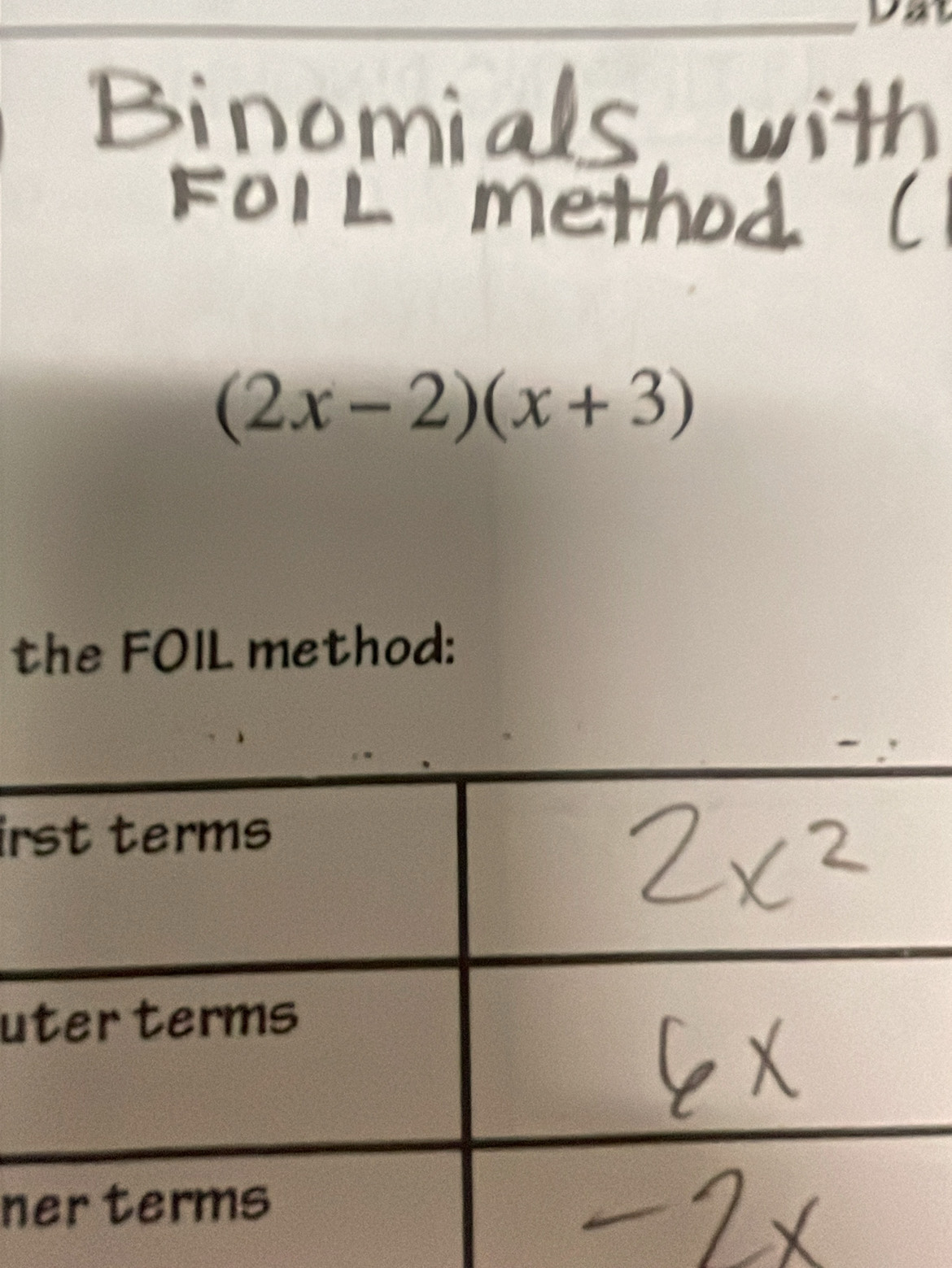 Vat
(2x-2)(x+3)
the FOIL method: 
_ 
ir 
_ 
u 
n