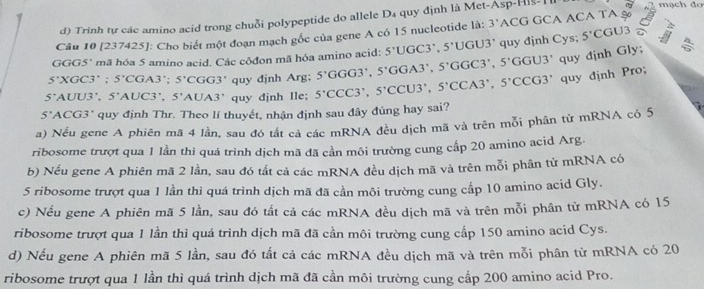 Trinh tự các amino acid trong chuỗi polypeptide do allele D₄ quy định là Met-Asp-Hệ- mạch đơ
Câu 10 [237425]: Cho biết một đoạn mạch gốc của gene A có 15 nucleotide là: 3 ACG GCA ACA TA %
a
GGG5' mã hóa 5 amino acid. Các côđon mã hóa amino acid: 5^(,GC3',5'U),5°U GL 3 quy định Cys: 5°CG U
5° XC GC3°; 5° CGA3°: 5' CGG3' quy định Arg; 5'GGG3',5'GGA3',5'GGC3',5'GGU3' quy định Gly;
5^r AUU3 5^(· C)ADC^(^,) 5° 10A3 quy định Ile: 5°CCC3',5°CCU3',5°CCA3',5°CCG3' quy định Pro;
5°ACG3' * quy định Thr. Theo lí thuyết, nhận định sau đây đúng hay sai?
a) Nếu gene A phiên mã 4 lần, sau đó tắt cả các mRNA đều dịch mã và trên mỗi phần tử mRNA có 5
ribosome trượt qua 1 lần thì quá trình dịch mã đã cần môi trường cung cấp 20 amino acid Arg.
b) Nếu gene A phiên mã 2 lần, sau đó tắt cả các mRNA đều dịch mã và trên mỗi phân tử mRNA có
5 ribosome trượt qua 1 lần thì quá trình dịch mã đã cần môi trường cung cấp 10 amino acid Gly.
c) Nếu gene A phiên mã 5 lần, sau đó tất cả các mRNA đều dịch mã và trên mỗi phân tử mRNA có 15
ribosome trượt qua 1 lần thì quá trình dịch mã đã cần môi trường cung cấp 150 amino acid Cys.
d) Nếu gene A phiên mã 5 lần, sau đó tất cả các mRNA đều dịch mã và trên mỗi phân tử mRNA có 20
ribosome trượt qua 1 lần thì quá trình dịch mã đã cần môi trường cung cấp 200 amino acid Pro.