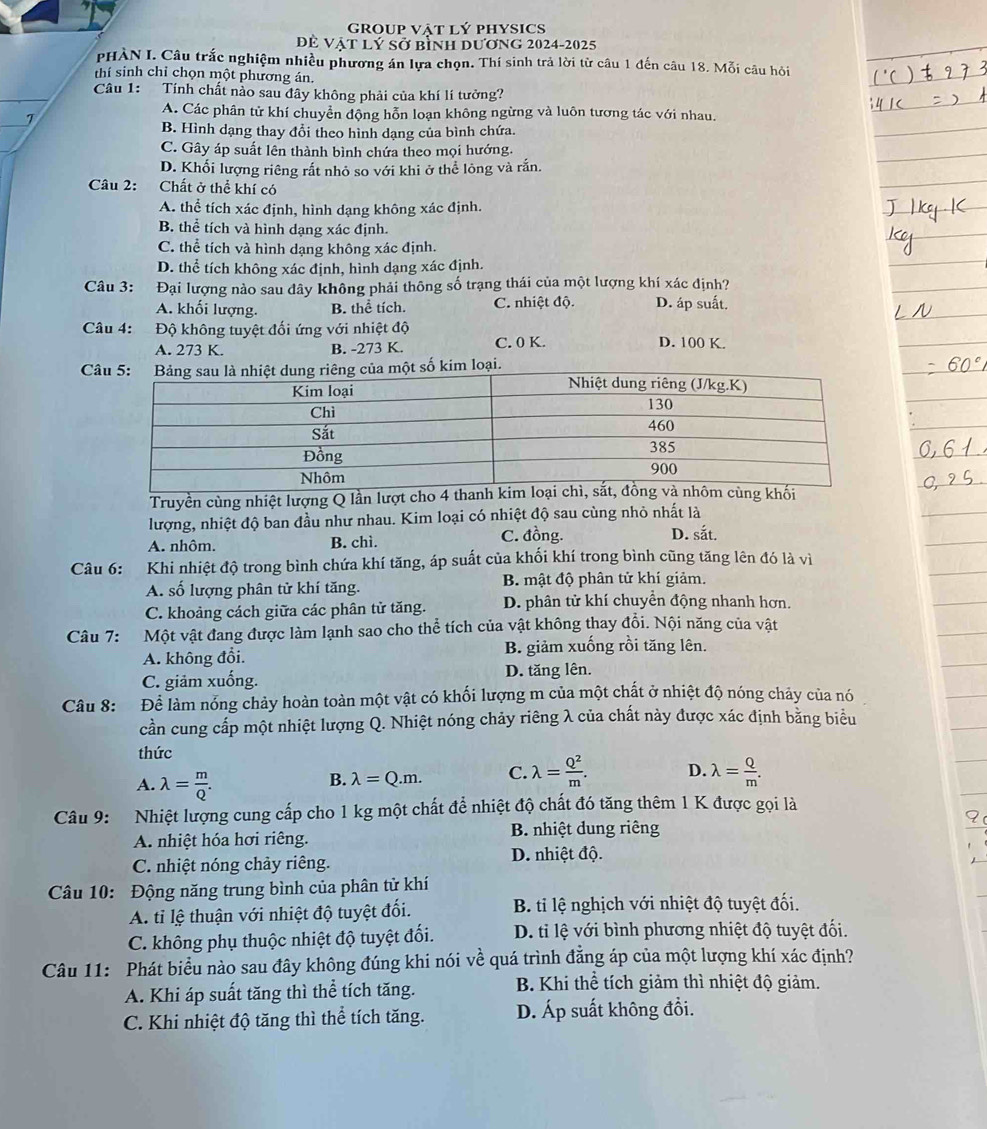 GROUP vật Lý PHYSICS
Đề vật lý sở bình dương 2024-2025
PHÀN I. Câu trắc nghiệm nhiều phương án lựa chọn. Thí sinh trả lời từ câu 1 đến câu 18. Mỗi câu hỏi
thí sinh chỉ chọn một phương án.
Câu 1: Tính chất nào sau đây không phải của khí lí tưởng?
A. Các phân tử khí chuyển động hỗn loạn không ngừng và luôn tương tác với nhau.
1
B. Hình dạng thay đổi theo hình dạng của bình chứa.
C. Gây áp suất lên thành bình chứa theo mọi hướng.
D. Khối lượng riêng rất nhỏ so với khi ở thể lông và rắn.
Câu 2: Chất ở thể khí có
A. thể tích xác định, hình dạng không xác định.
B. thể tích và hình dạng xác định.
C. thể tích và hình dạng không xác định.
D. thể tích không xác định, hình dạng xác định.
Câu 3: Đại lượng nào sau đây không phải thông số trạng thái của một lượng khí xác định?
A. khối lượng. B. thể tích. C. nhiệt độ. D. áp suất.
Câu 4: Độ không tuyệt đối ứng với nhiệt độ D. 100 K.
A. 273 K. B. -273 K. C. 0 K.
Ckim loại.
Truyền cùng nhiệt lượng Q lần lượt cho 4 t
lượng, nhiệt độ ban đầu như nhau. Kim loại có nhiệt độ sau cùng nhỏ nhất là
A. nhôm. B. chì. C. đồng. D. sắt.
Câu 6: Khi nhiệt độ trong bình chứa khí tăng, áp suất của khối khí trong bình cũng tăng lên đó là vì
A. số lượng phân tử khí tăng. B. mật độ phân tử khí giảm.
C. khoảng cách giữa các phân tử tăng. D. phân tử khí chuyển động nhanh hơn.
Câu 7: Một vật đang được làm lạnh sao cho thể tích của vật không thay đổi. Nội năng của vật
A. không đổi. B. giảm xuống rồi tăng lên.
C. giảm xuống. D. tăng lên.
Câu 8: Để làm nóng chảy hoàn toàn một vật có khối lượng m của một chất ở nhiệt độ nóng chảy của nó
cần cung cấp một nhiệt lượng Q. Nhiệt nóng chảy riêng λ của chất này được xác định bằng biểu
thức
A. lambda = m/Q .
B. lambda =Q.m. C. lambda = Q^2/m . D. lambda = Q/m .
Câu 9: Nhiệt lượng cung cấp cho 1 kg một chất để nhiệt độ chất đó tăng thêm 1 K được gọi là
A. nhiệt hóa hơi riêng.  B. nhiệt dung riêng
C. nhiệt nóng chảy riêng. D. nhiệt độ.
Câu 10: Động năng trung bình của phân tử khí
A. ti lệ thuận với nhiệt độ tuyệt đối.  B. ti lệ nghịch với nhiệt độ tuyệt đối.
C. không phụ thuộc nhiệt độ tuyệt đối. D. ti lệ với bình phương nhiệt độ tuyệt đối.
Câu 11: Phát biểu nào sau đây không đúng khi nói về quá trình đằng áp của một lượng khí xác định?
A. Khi áp suất tăng thì thể tích tăng. B. Khi thể tích giảm thì nhiệt độ giảm.
C. Khi nhiệt độ tăng thì thể tích tăng. D. Áp suất không đổi.