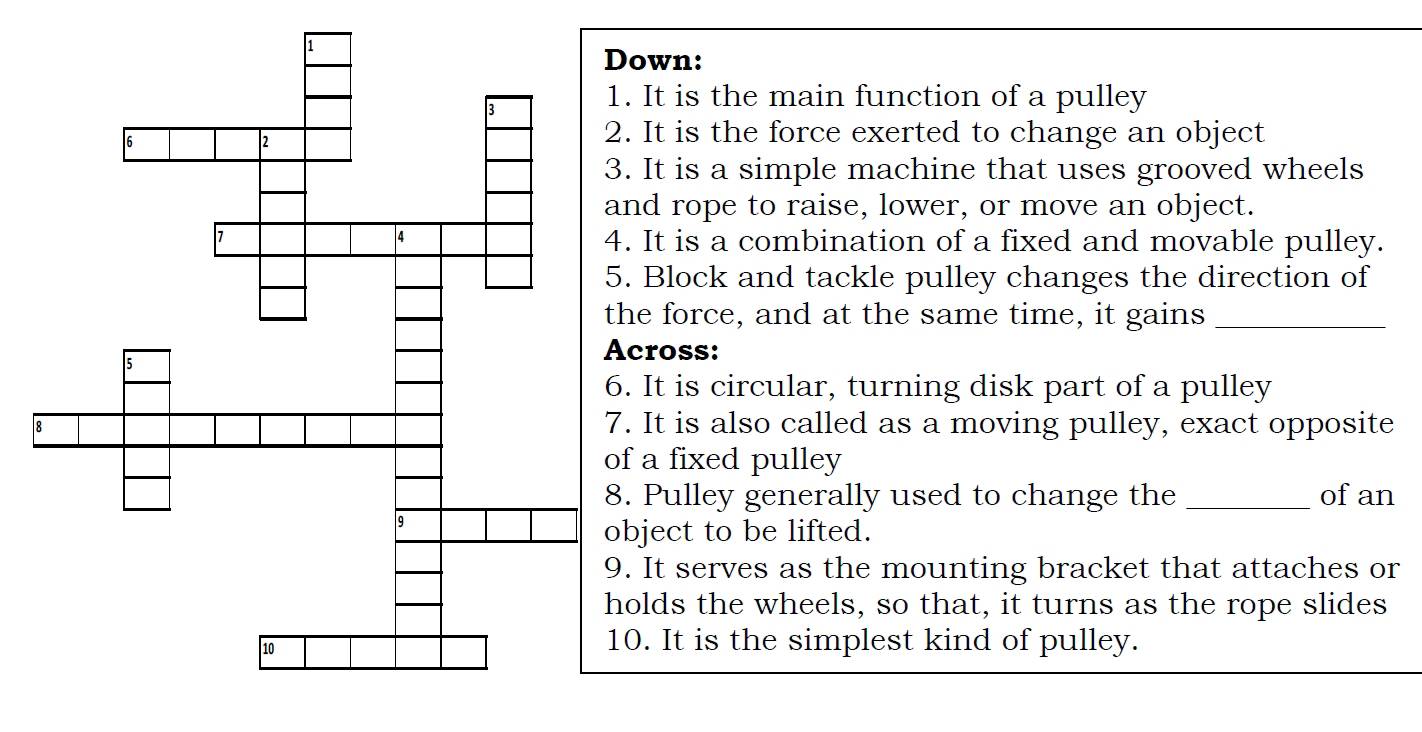 own:
It is the main function of a pulley
It is the force exerted to change an object
It is a simple machine that uses grooved wheels
d rope to raise, lower, or move an object.
It is a combination of a fixed and movable pulley.
Block and tackle pulley changes the direction of
e force, and at the same time, it gains_
cross:
It is circular, turning disk part of a pulley
It is also called as a moving pulley, exact opposite
a fixed pulley
Pulley generally used to change the _ofan
ject to be lifted.
It serves as the mounting bracket that attaches or
lds the wheels, so that, it turns as the rope slides
. It is the simplest kind of pulley.