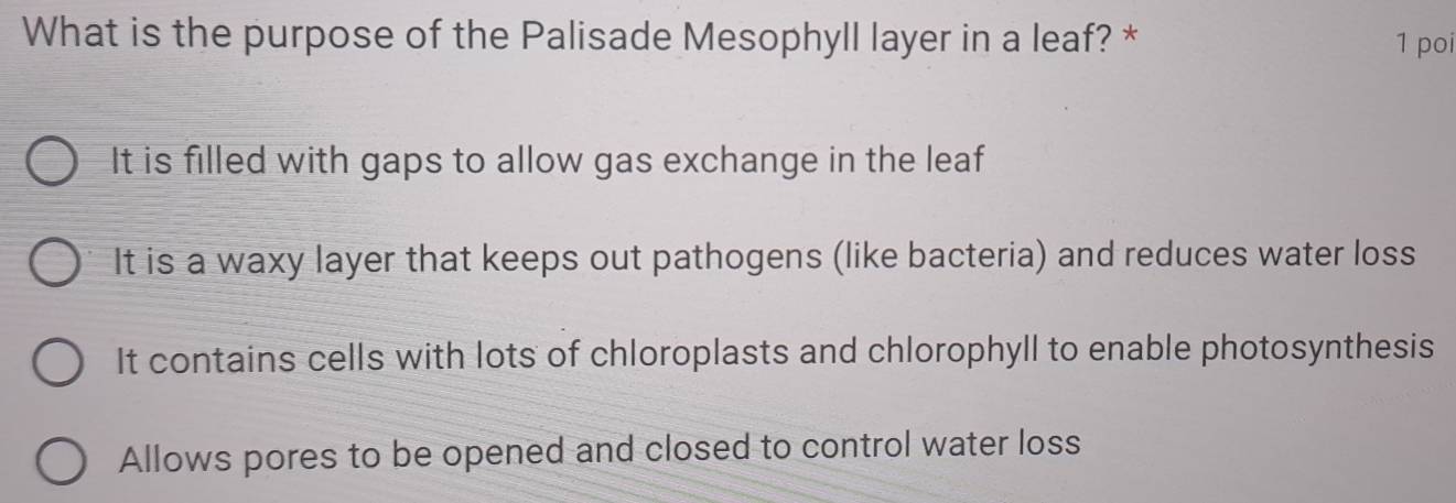 What is the purpose of the Palisade Mesophyll layer in a leaf? * 1 poi
It is filled with gaps to allow gas exchange in the leaf
It is a waxy layer that keeps out pathogens (like bacteria) and reduces water loss
It contains cells with lots of chloroplasts and chlorophyll to enable photosynthesis
Allows pores to be opened and closed to control water loss