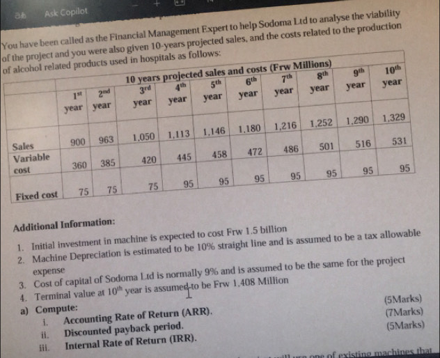 あ Ask Copilot
You have been called as the Financial Management Expert to help Sodoma Ltd to analyse the viability
ofgiven 10-years projected sales, and the costs related to the production
of
Additional Information:
1. Initial investment in machine is expected to cost Frw 1.5 billion
2. Machine Depreciation is estimated to be 10% straight line and is assumed to be a tax allowable
3. Cost of capital of Sodoma Ltd is normally 9% and is assumed to be the same for the project
expense
4. Terminal value at 10^(th) year is assumed to be Frw 1.408 Million
a) Compute:
i. Accounting Rate of Return (ARR). (5Marks)
ii. Discounted payback period. (7Marks)
iii. Internal Rate of Return (IRR). (5Marks)
one of existing machines that