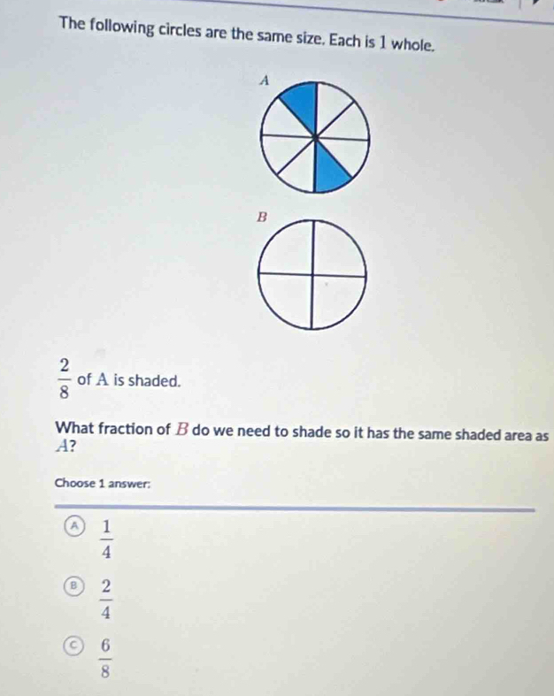 The following circles are the same size. Each is 1 whole.
A
 2/8  of A is shaded.
What fraction of B do we need to shade so it has the same shaded area as
A?
Choose 1 answer:
a  1/4 
B  2/4 
a  6/8 