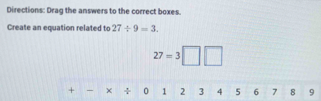 Directions: Drag the answers to the correct boxes. 
Create an equation related to 27/ 9=3.
27=3□ □