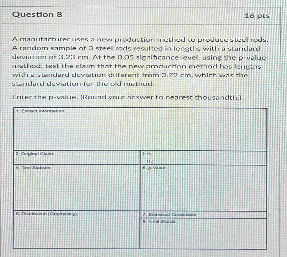 A manufacturer uses a new production method to produce steel rods.
A random sample of 3 steel rods resulted in lengths with a standard
deviation of 3.23 cm. At the 0.05 significance level, using the p-value
method, test the claim that the new production method has lengths
with a standard deviation different from 3.79 cm, which was the
standard deviation for the old method.
Enter the p-value. (Round your answer to nearest thousandth.)
1. Extract Information