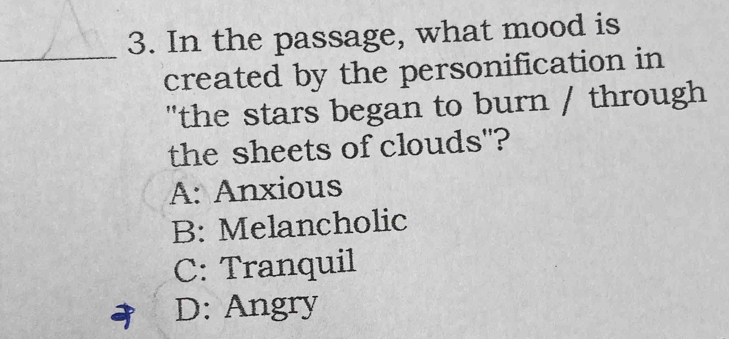 In the passage, what mood is
created by the personification in
"the stars began to burn / through
the sheets of clouds"?
A: Anxious
B: Melancholic
C: Tranquil
D: Angry