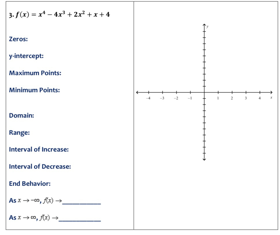 f(x)=x^4-4x^3+2x^2+x+4
Zeros:
y-intercept:
Maximum Points:
Minimum Points:
Domain:
Range:
Interval of Increase:
Interval of Decrease:
End Behavior:
As xto -∈fty , f(x)to _
As xto ∈fty , f(x)to _