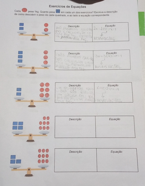 Exercícios de Equações 
Cada pesa 1kg. Quanto pesa em cada um dos exercícios? Escreva a descrição 
de como descobrir o peso de cada quadrado, e ao lado a equação correspondente. 
Descrição Equação 
Descrição Equação 
Descrição Equação 
Descrição Equação 
Descrição Equação