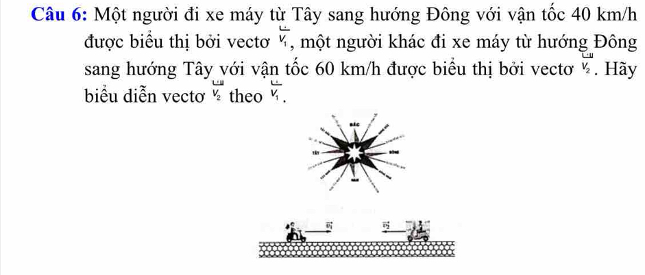 Một người đi xe máy từ Tây sang hướng Đông với vận tốc 40 km/h
được biểu thị bởi vectơ overleftrightarrow V_1 , một người khác đi xe máy từ hướng Đông 
_ · 4 
sang hướng Tây với vận tốc 60 km/h được biểu thị bởi vectơ V_2. Hãy 
biểu diễn vectơ overleftrightarrow V_2V_2 theo overline V_1V_1.
BAC
vector v_2