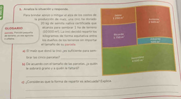 Analiza la situación y responde. 
Para brindar apoyo y mitigar el alza de los costos de Jaime 
la producción de maíz, una ONG ha donado 1250m^2 Antonio
20 kg de semilla nativa certificada que
2500m^2
GLOSARIO alcanza para sembrar 1 ha de terreno 
parceta. Porción pequeña (10000m^2). La ONG decidió repartir los 
Ricardo 
de terre o, v a s a agric o kilogramos de forma equitativa entre 1750m^2
o urbana. los dueños de los terrenos sin importar Alberto
Efitm°
el tamaño de su parcela. 
a) El maíz que donó la ONG ¿es suficiente para sem- 
brar las cinco parcelas?_ 
Juventino
4 000 m
b) De acuerdo con el tamaño de las parcelas, ¿a quién 
le sobrará grano y a quién le faltará? 
_ 
_ 
c) ¿Consideras que la forma de repartir es adecuada? Explica. 
_