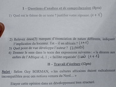 Questions d’analyse et de compréhension (8pts) 
1) Quel est le thème de ce texte ? justifier votre réponse. (1+1) 
2) Relevez deux(2) marques d'énonciation de nature différente, indiquant 
1’implication du locuteur. Est - il un africain ? (1+1)
3) Quel point de vue développe l'auteur ? 
4) Donnez le sens dans le texte des expressions suivantes : « la décente aux 
enfers de l'Afrique »L 1 ; « faillite organisée' (l 
II - Travail d'écriture (12pts) 
Sujet : Selon Guy SORMAN, « les cultures africaines étaient radicalement 
incompatibles avec ces notions venues du Nord... » 
Etayer cette opinion dans un développement bien structuré.