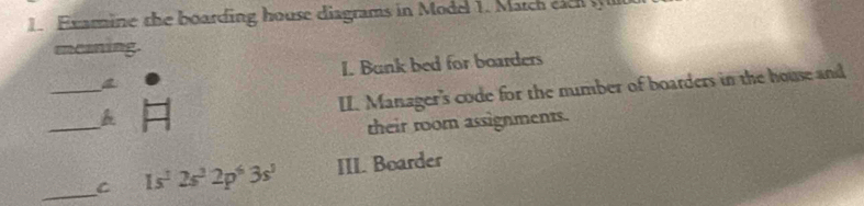 Examine the boarding house diagrams in Model 1. March each w 
meaning. 
I. Bunk bed for boarders 
_ 
_ 
= 
II. Manager's code for the number of boarders in the house and 
their room assignments. 
_C 1s^12s^22p^63s^3 III. Boarder