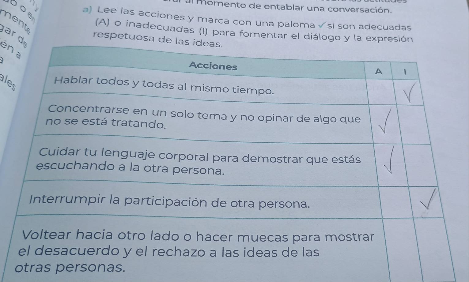 al momento de entablar una conversación.
0 O 6
a) Lee las acciones y marca con una paloma √si son adecuadas 
nent 

(A) o inadecuadas (I) para fomentar el diálogo y 
respetuos 
én 
ale