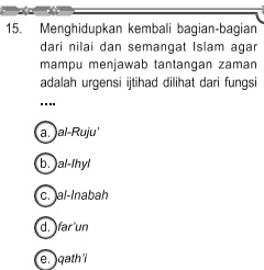 Menghidupkan kembali bagian-bagian
dari nilai dan semangat Islam agar
mampu menjawab tantangan zaman
adalah urgensi ijtihad dilihat dari fungsi
_
...
a . al-Ruju'
b. al-lhyl
c. al-lnabah
d. farun
e. qath'i