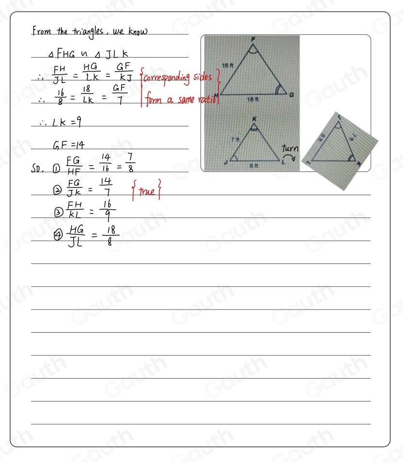 Solved: Triangle FGH is similar to Triangle JKL as shown below. Which ...