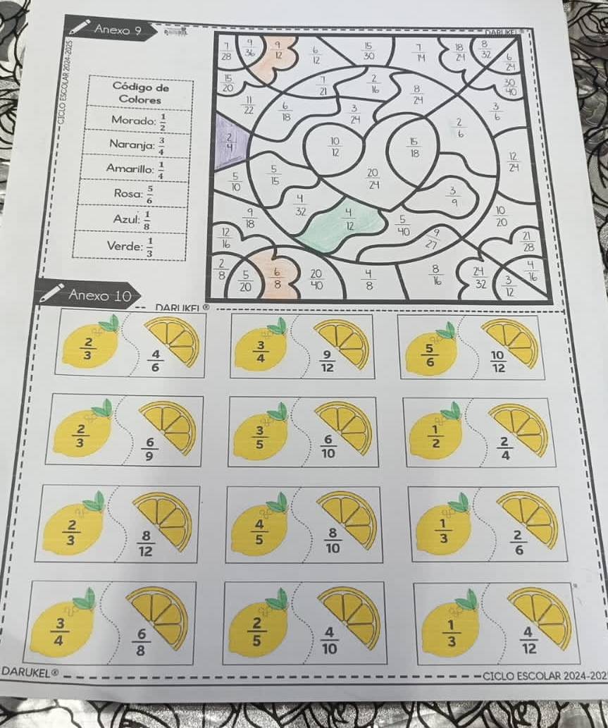 Anexo 9
8 Código de 
Colores
Morado:  1/2 
Naranja:  3/4 
Amarillo:  1/4 
Rosa:  5/6 
Azul:  1/8 
Verde:  1/3 
Anexo 10
DARL IK
DUKEL⑥ CICLO ESCOLAR 2024-202